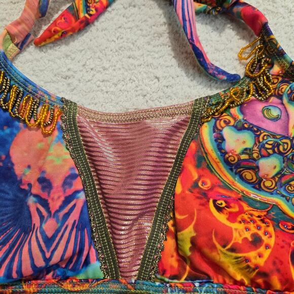 Protokolo Swimwear Abstract Print Beaded Bikini Top Size M Boho Hippie - Picture 2 of 10